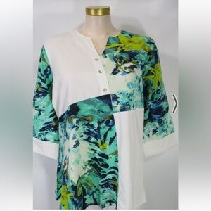 Parsley and Sage White/Multi Cotton Knit 3/4 Sleeve V-Neck Yuki Henley Tunic XL